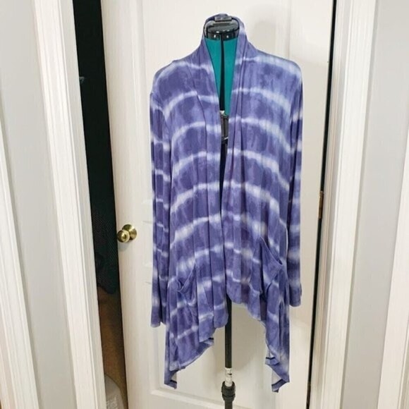 LOGO Lori Goldstein Tie Dye Print Knit Wrap Soft Cozy Open Jersey Cardigan - Picture 1 of 11